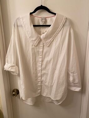 Anthropologie Maeve White Ruffled Collar Button-Down Blouse